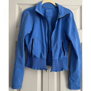 Vintage Y2K Bebe Sport Cropped‎ Serenity Blue Ruffle Cinch Zip Jacket Large RARE